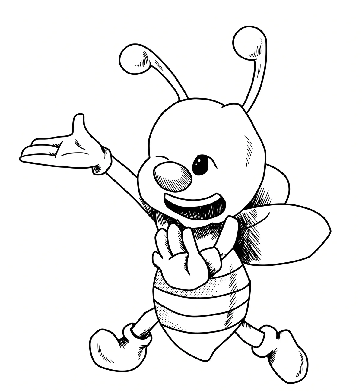 Waving Bee printable coloring page with line art and color reference