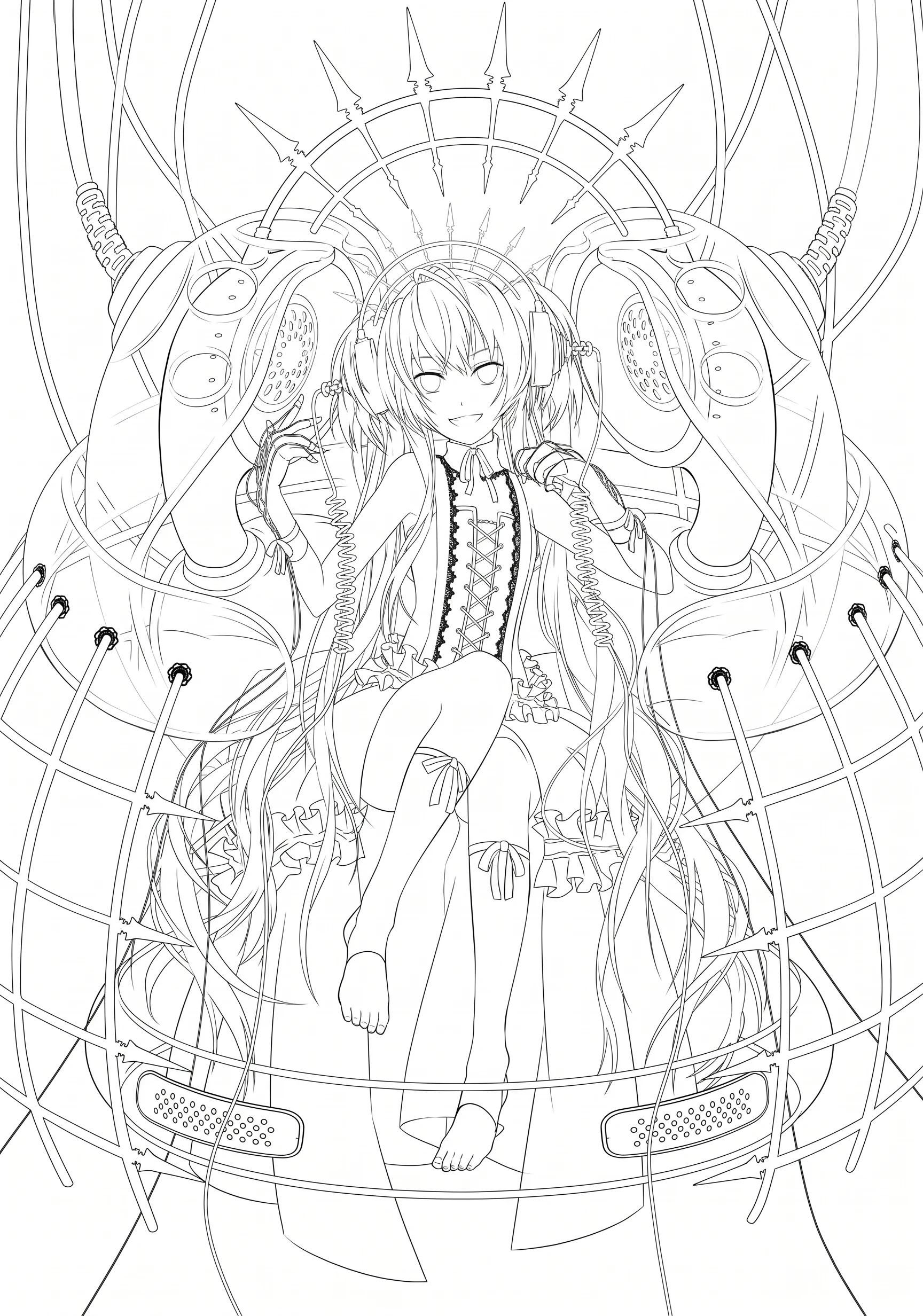 Caged Fantasy Girl anime-style printable coloring page with line art and color reference