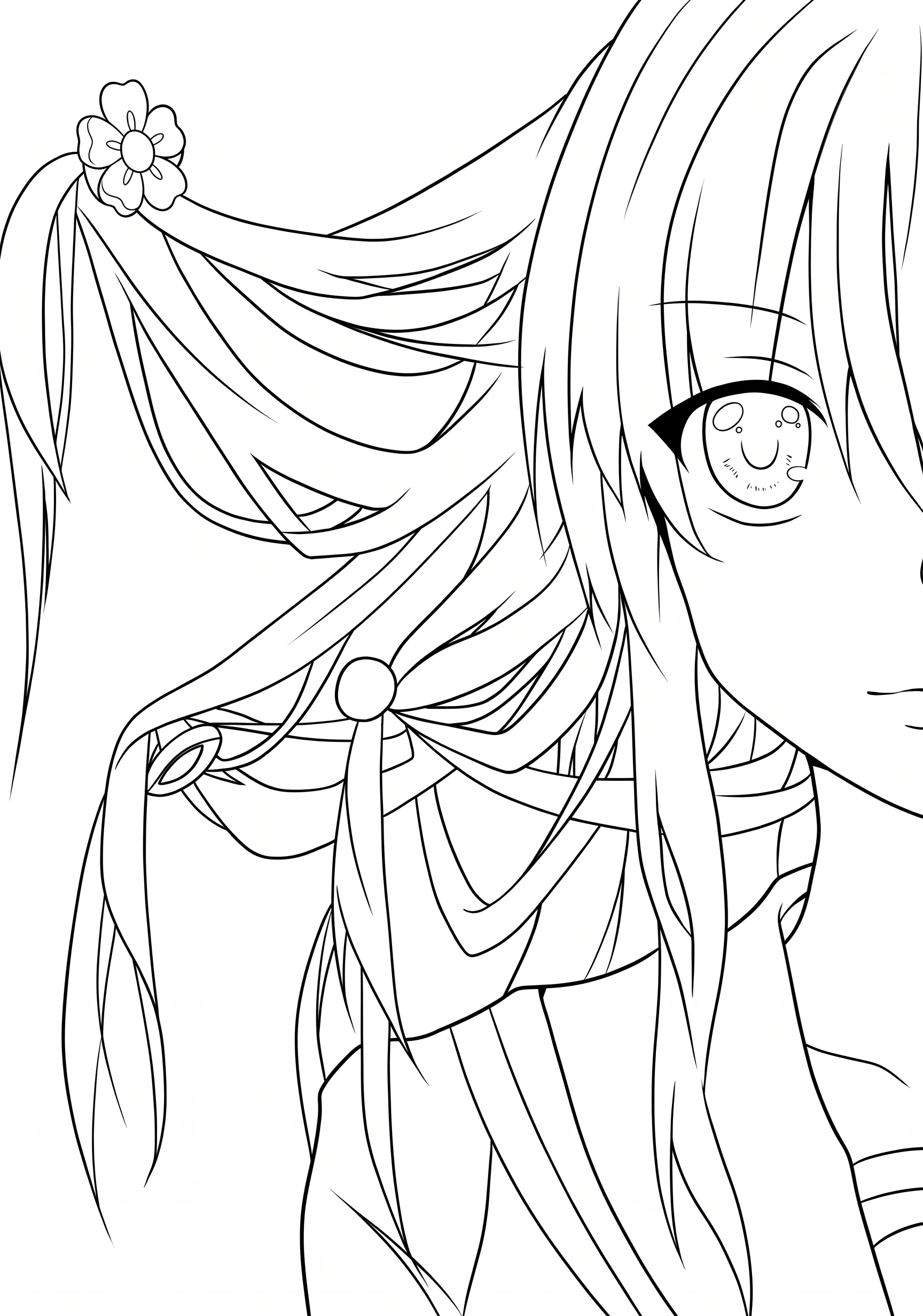 Flower Hair Portrait anime-style printable coloring page with line art and color reference