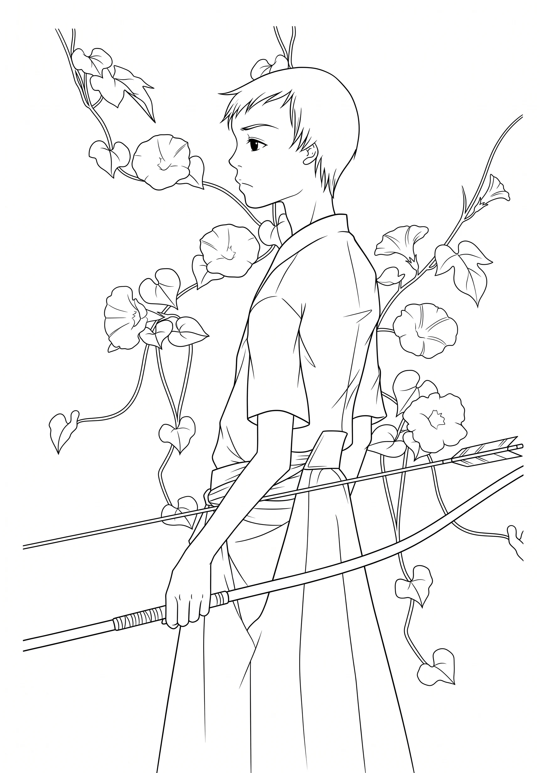 Garden Archer anime-style printable coloring page with line art and color reference
