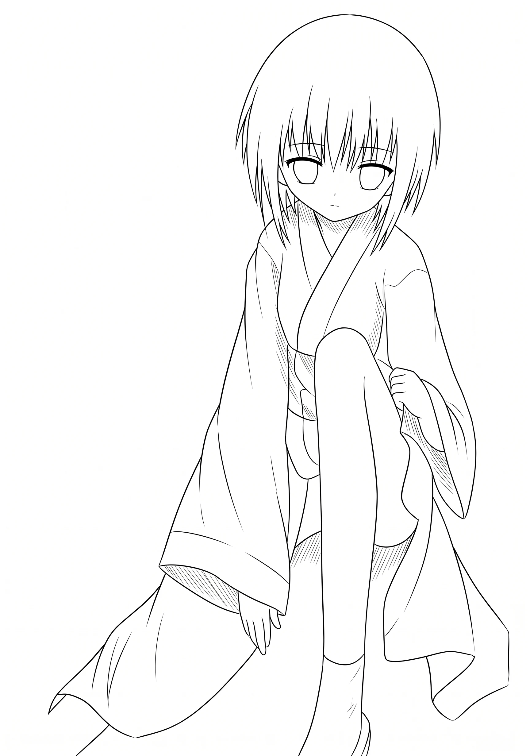 Kimono Portrait anime-style printable coloring page with line art and color reference