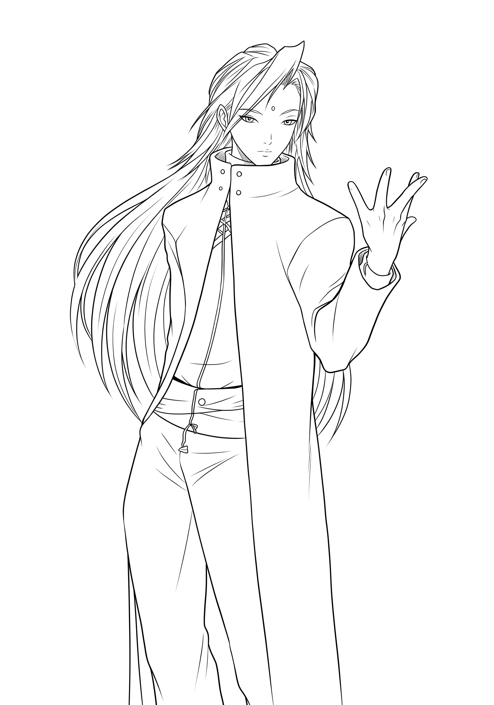 Long Coat Hero anime-style printable coloring page with line art and color reference