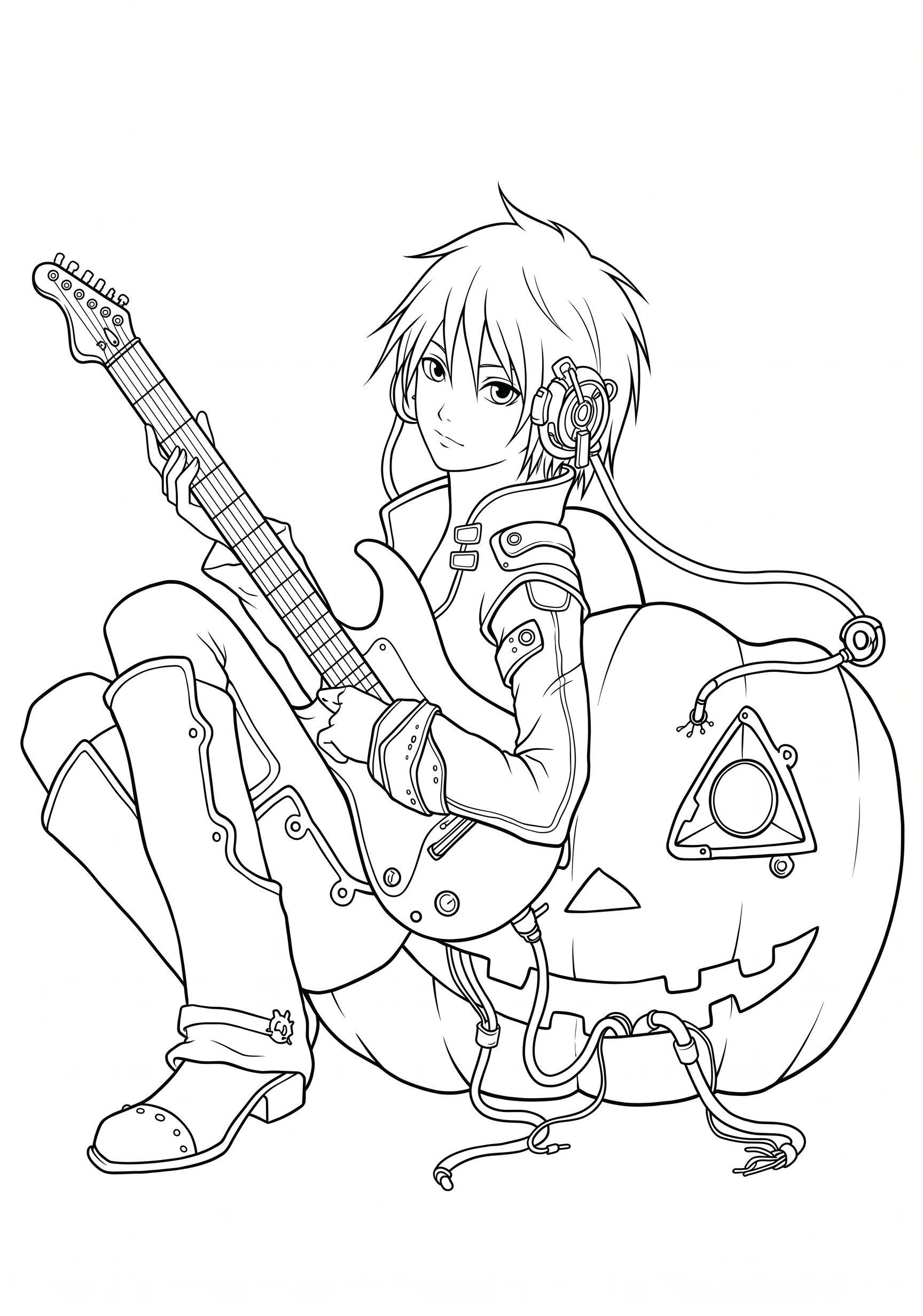 Pumpkin Guitarist anime-style printable coloring page with line art and color reference