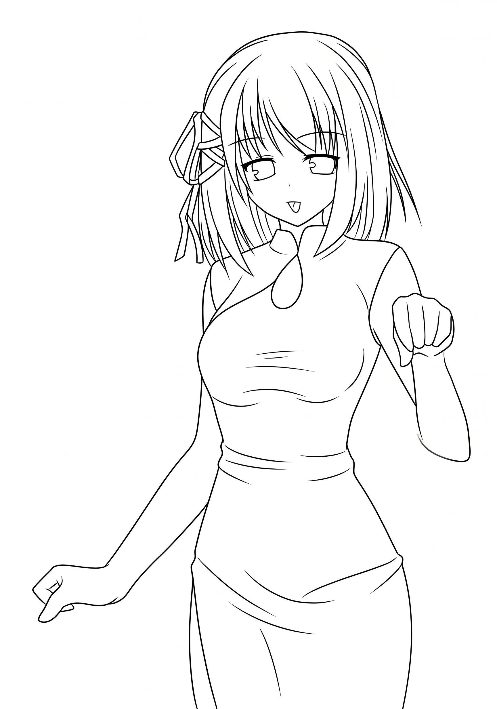 Red Dress Girl anime-style printable coloring page with line art and color reference