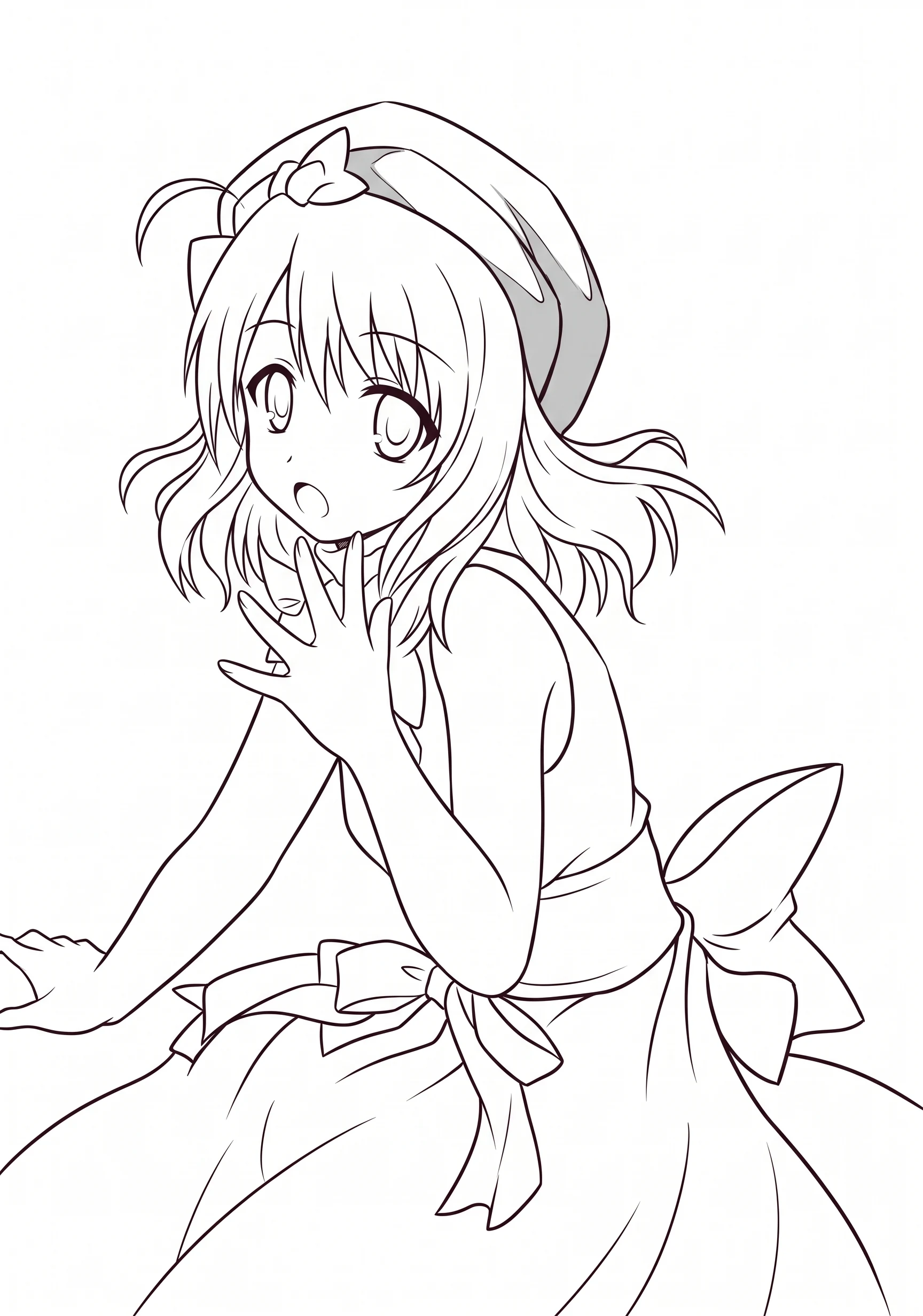 Ribbon Dress Girl anime-style printable coloring page with line art and color reference