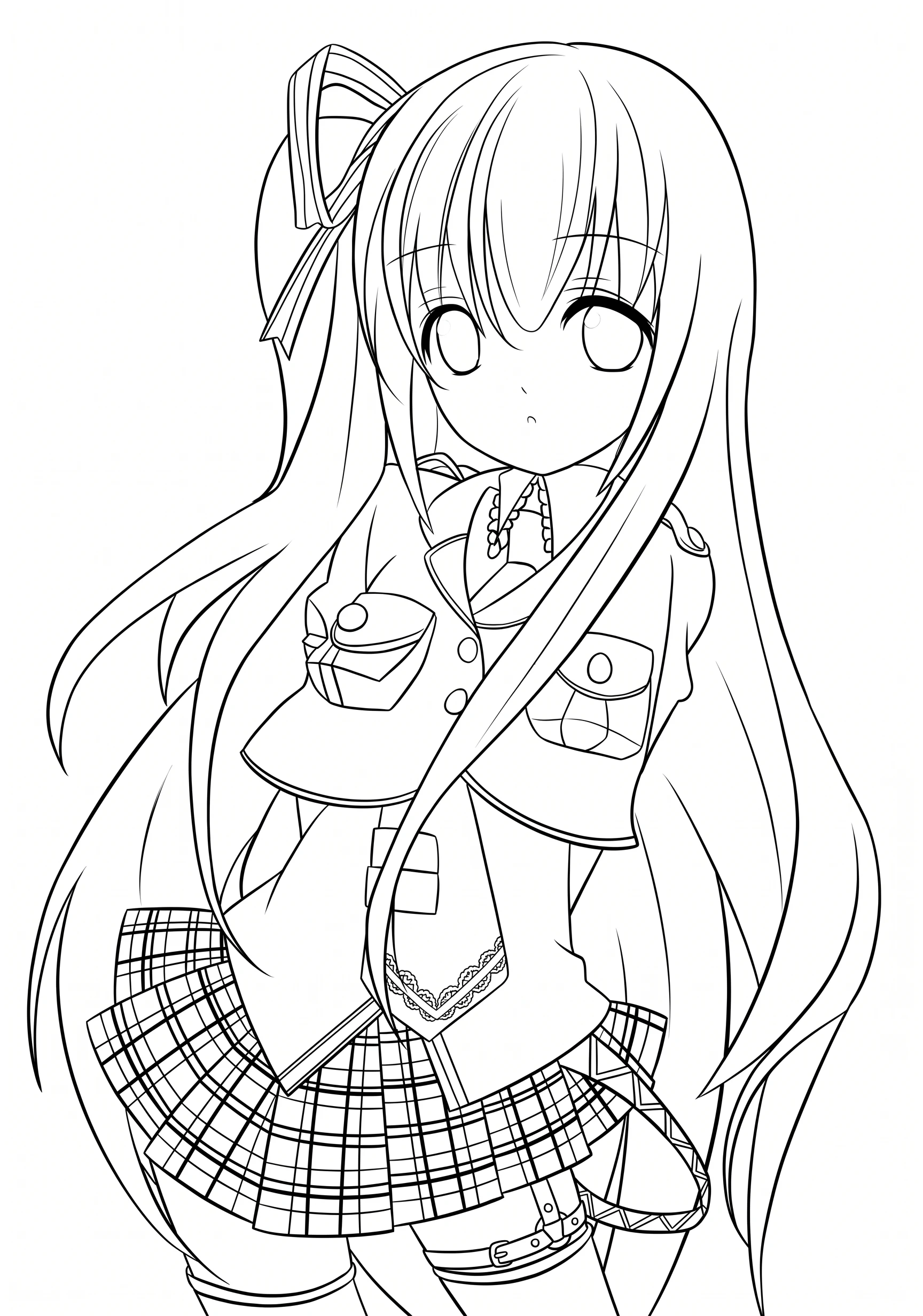 Schoolgirl with Satchel anime-style printable coloring page with line art and color reference