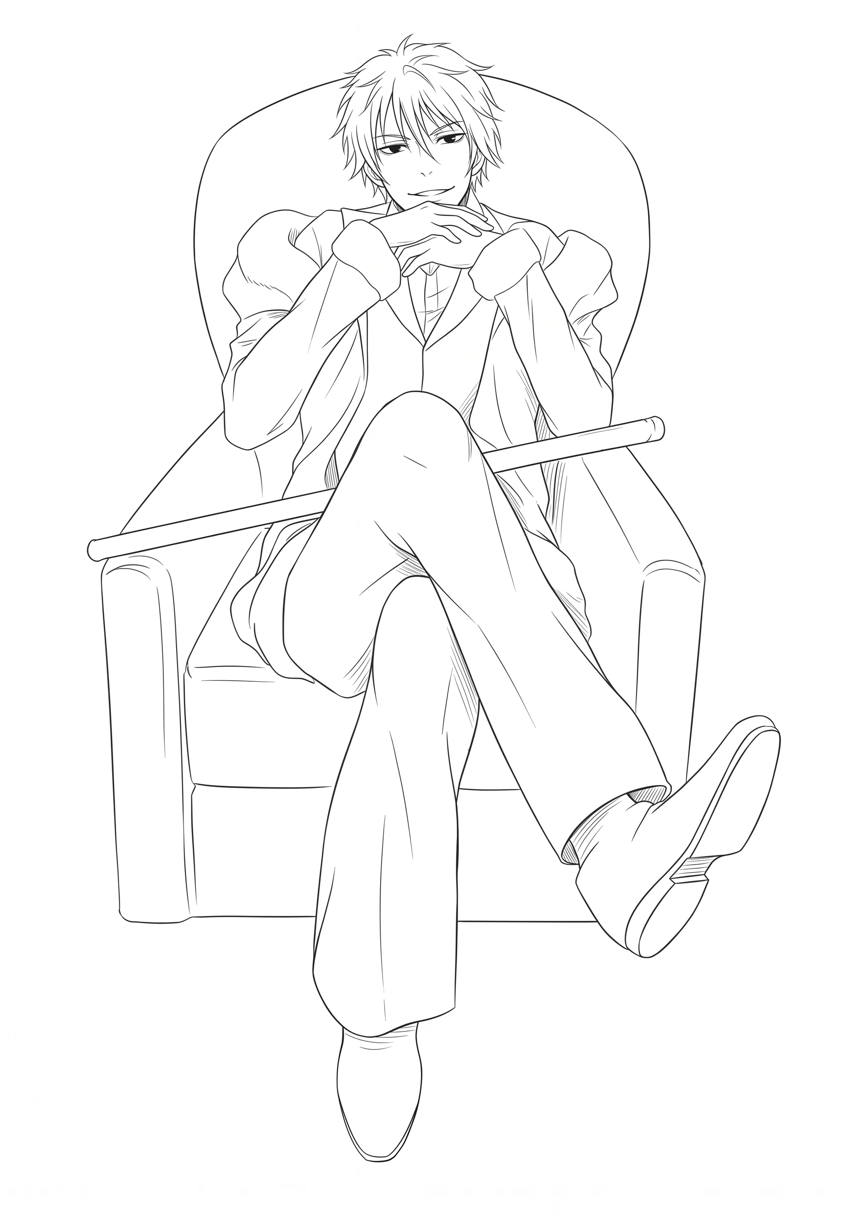 Seated Swordsman anime-style printable coloring page with line art and color reference