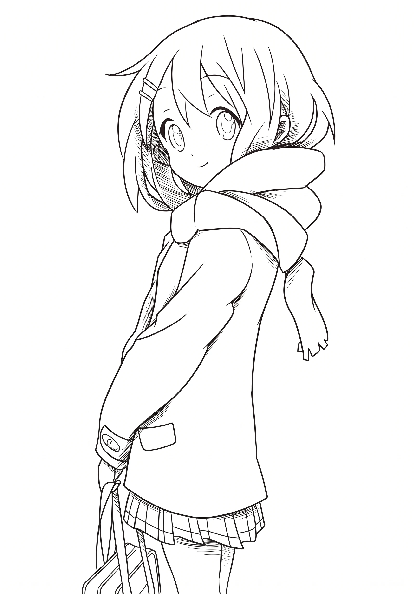 Winter Scarf Girl anime-style printable coloring page with line art and color reference