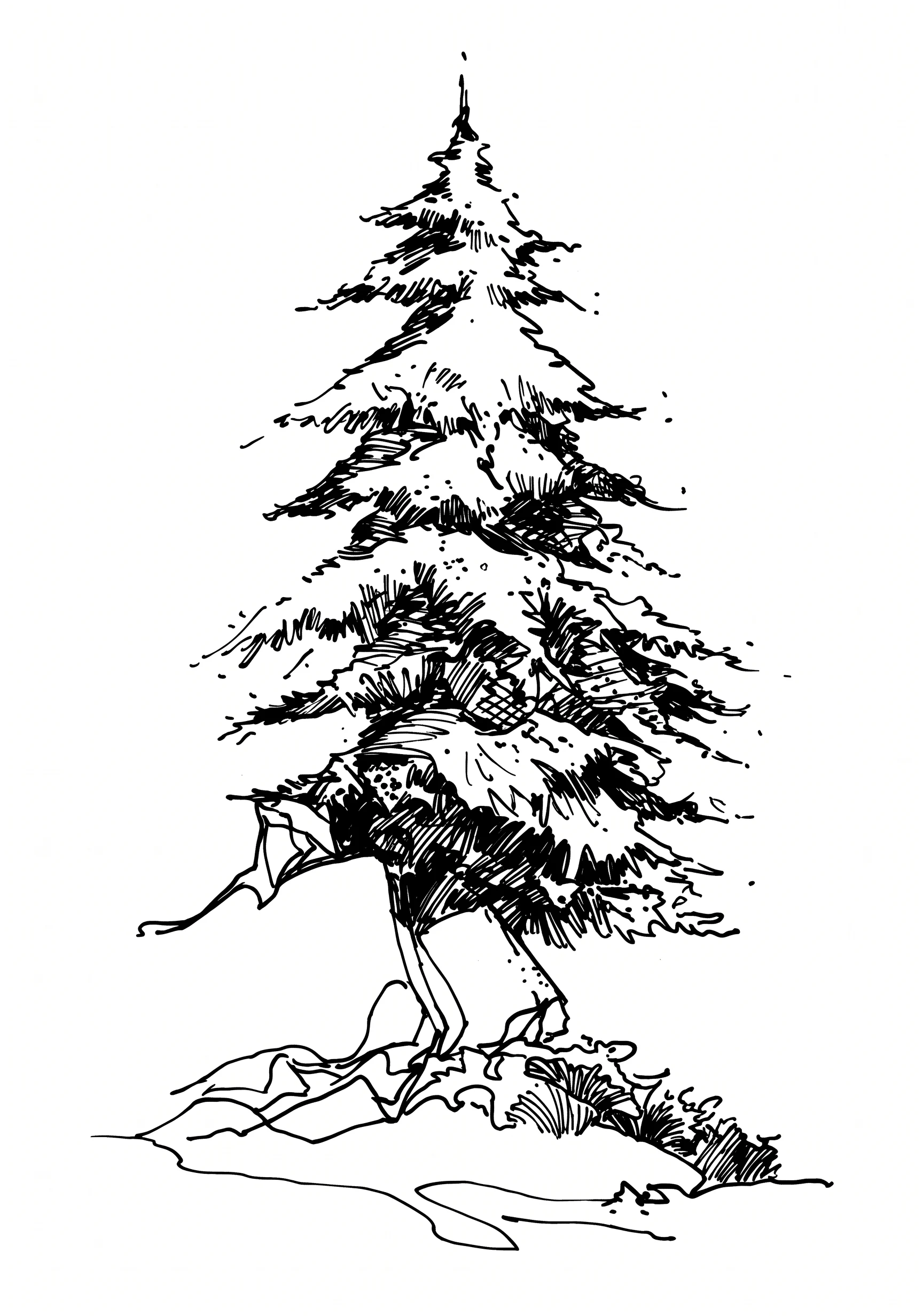 Evergreen Tree printable architecture and landscape coloring page with line art and color reference