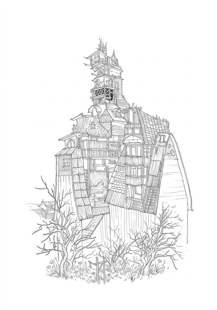 Fantasy Treehouse printable architecture and landscape coloring page with line art and color reference