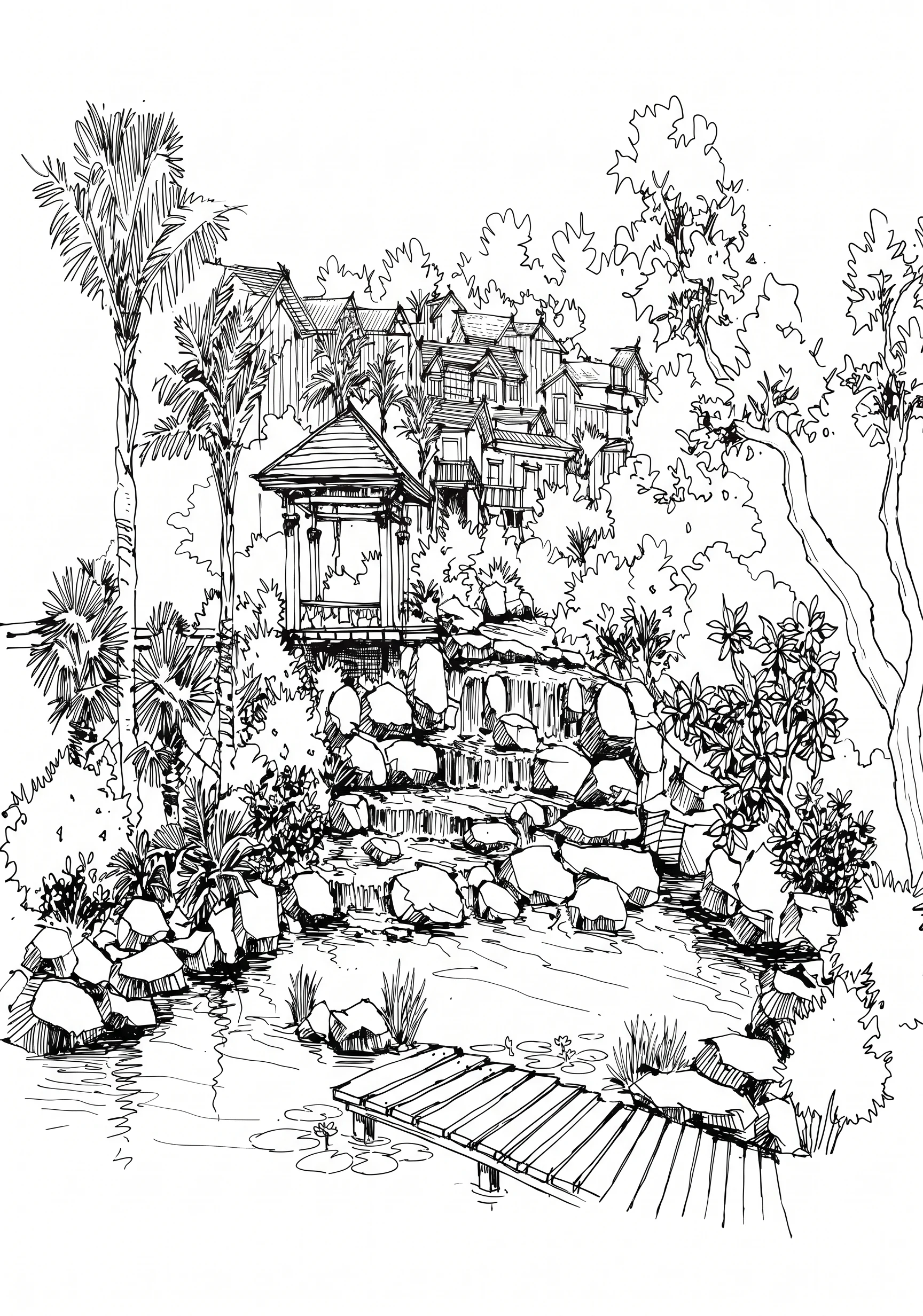 Garden Gazebo printable architecture and landscape coloring page with line art and color reference