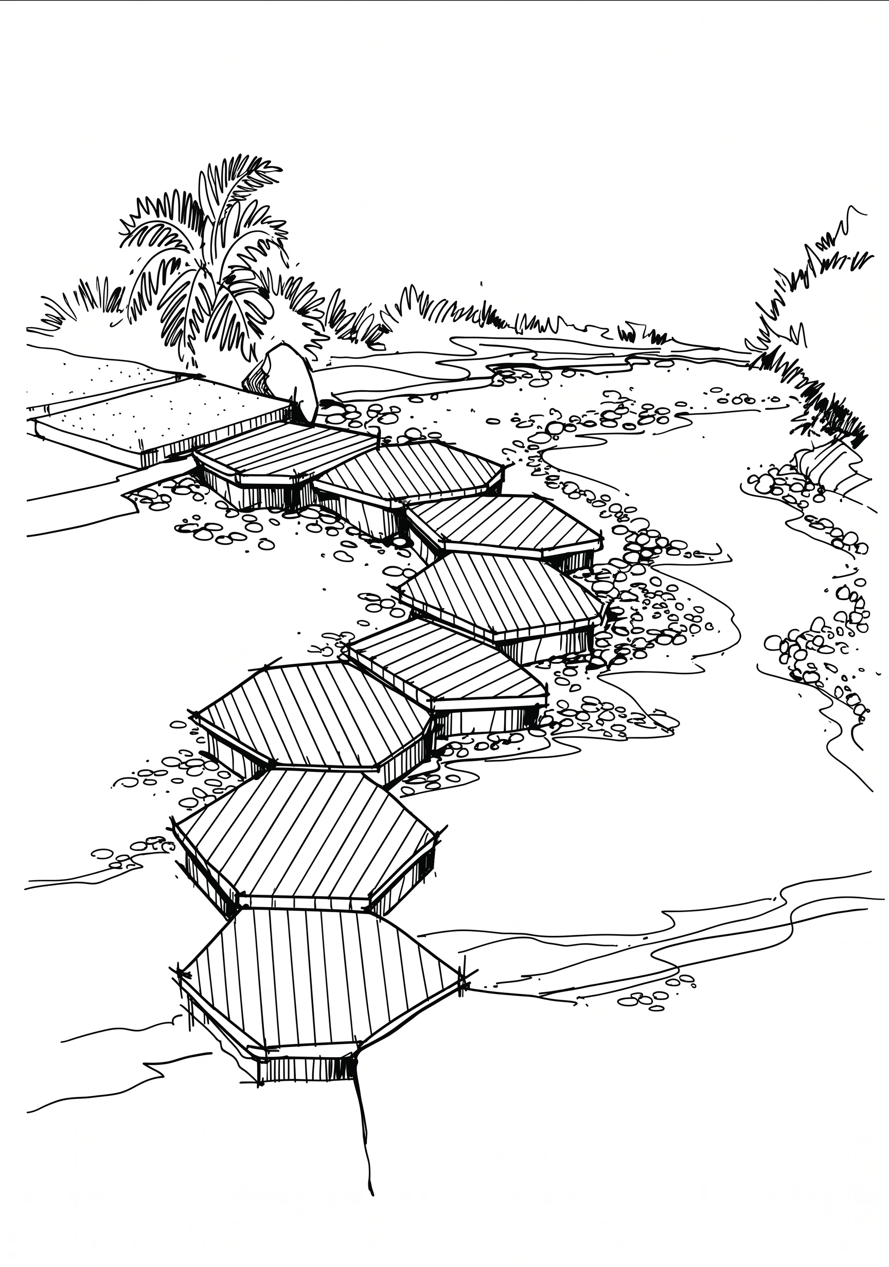 Hexagonal Boardwalk printable architecture and landscape coloring page with line art and color reference