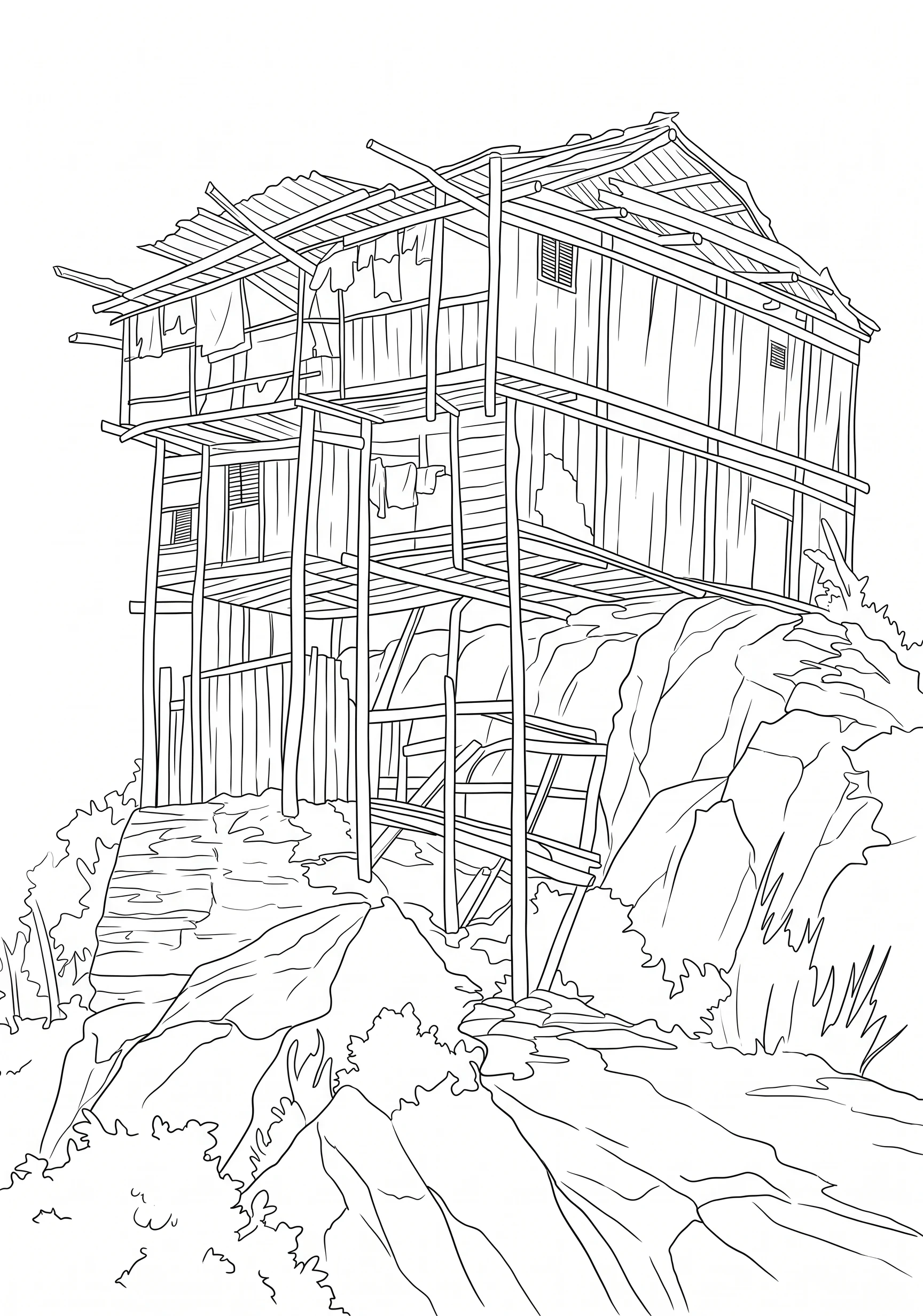 Hillside Stilt House printable architecture and landscape coloring page with line art and color reference