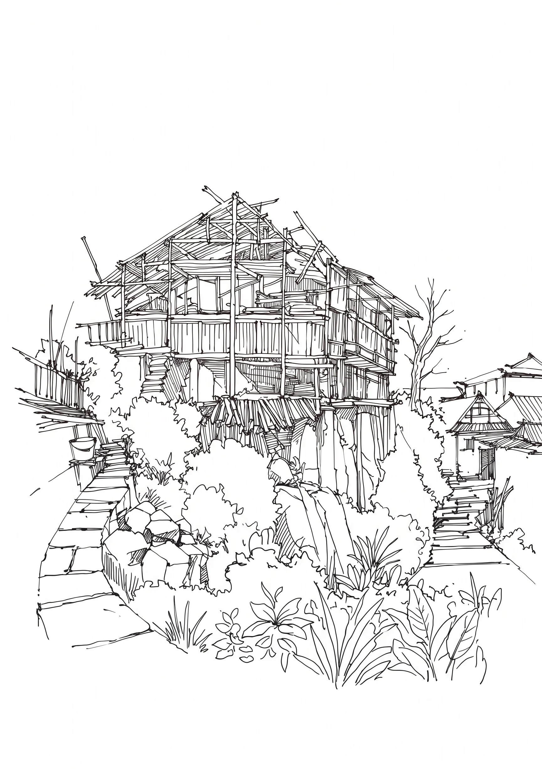 Hillside Village printable architecture and landscape coloring page with line art and color reference