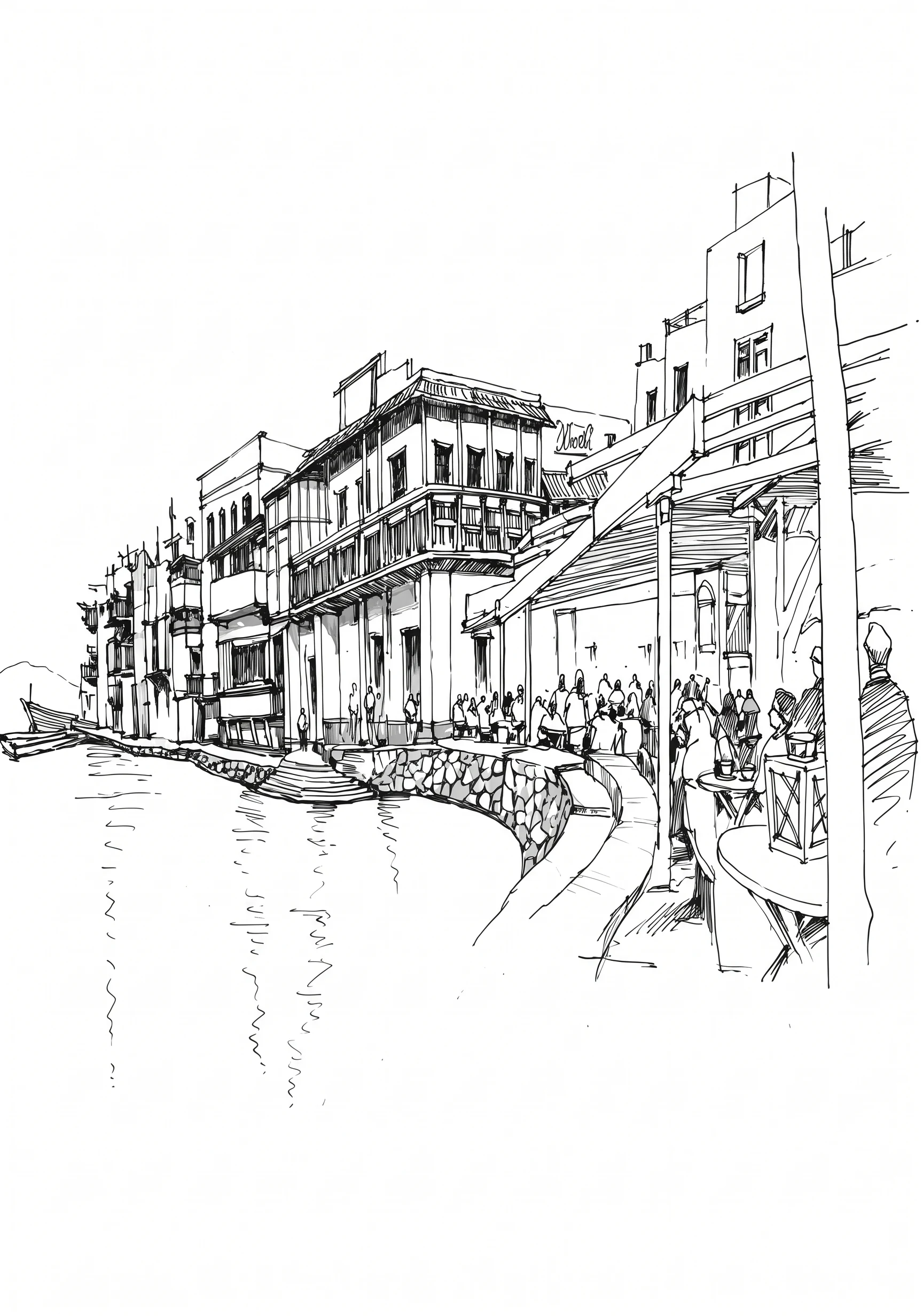 Historic Streetscape printable architecture and landscape coloring page with line art and color reference