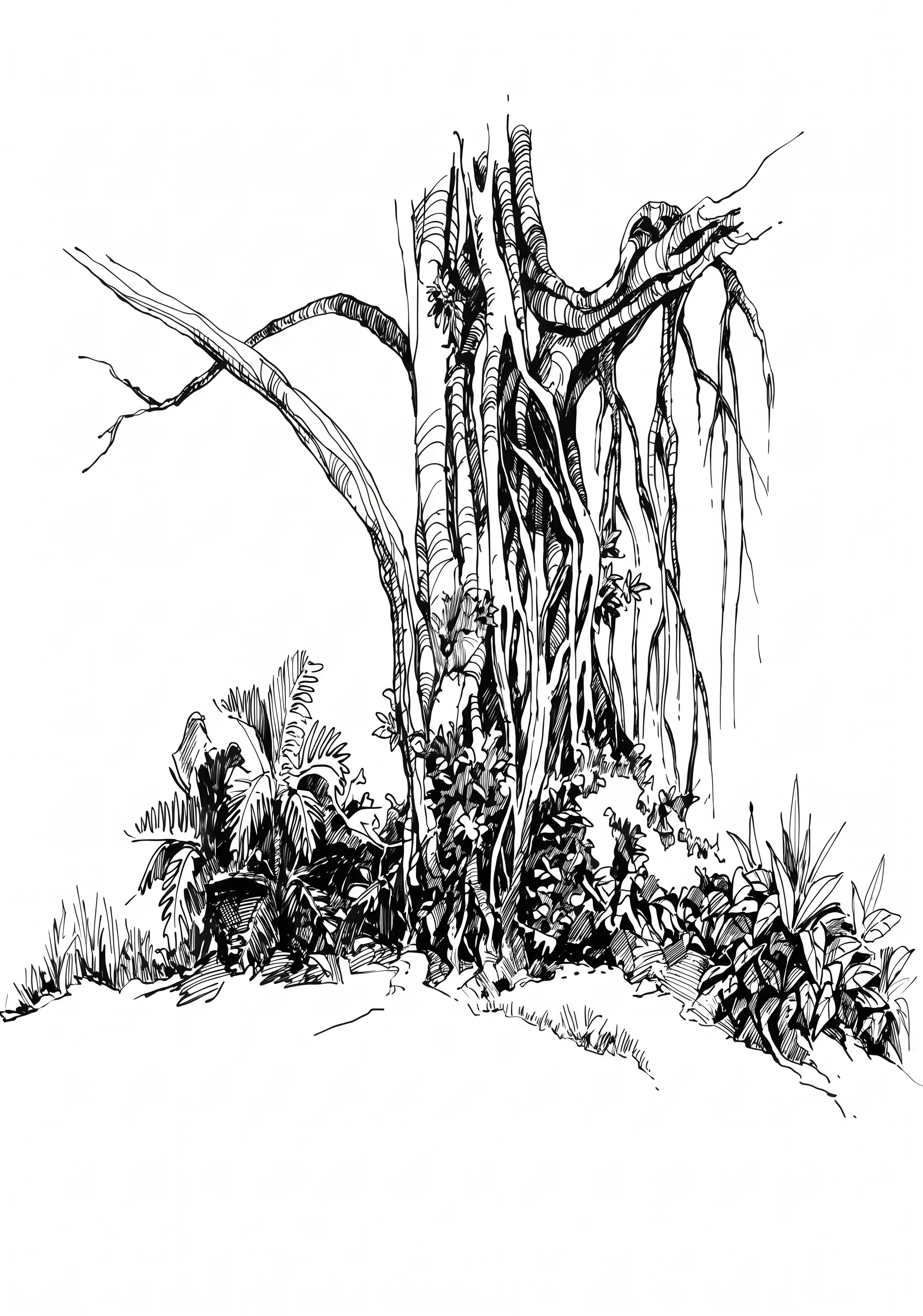 Old Tree Trunk printable architecture and landscape coloring page with line art and color reference