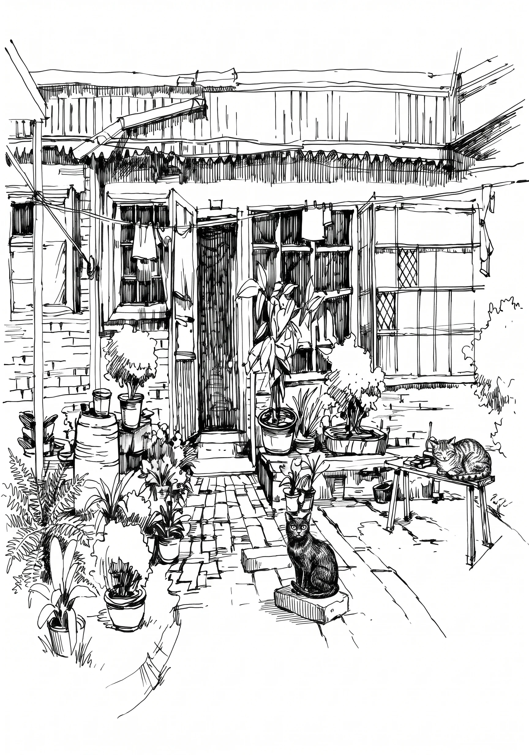 Traditional Courtyard printable architecture and landscape coloring page with line art and color reference