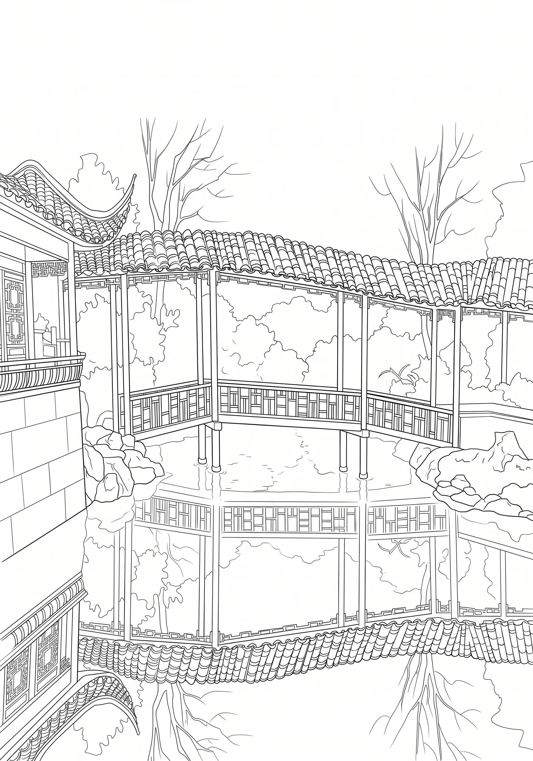 Traditional Pavilion printable architecture and landscape coloring page with line art and color reference