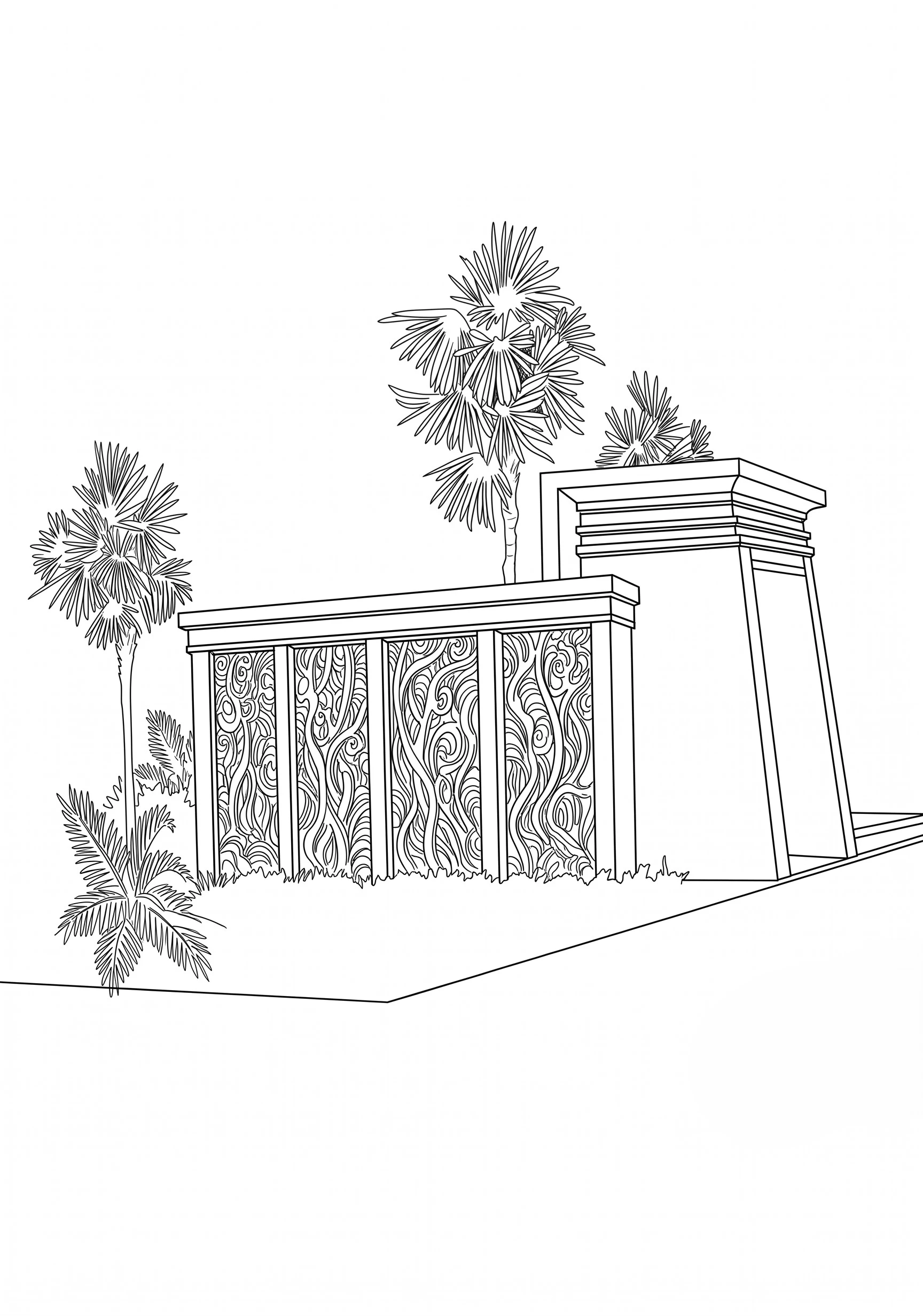 Tropical Decorative Gate printable architecture and landscape coloring page with line art and color reference