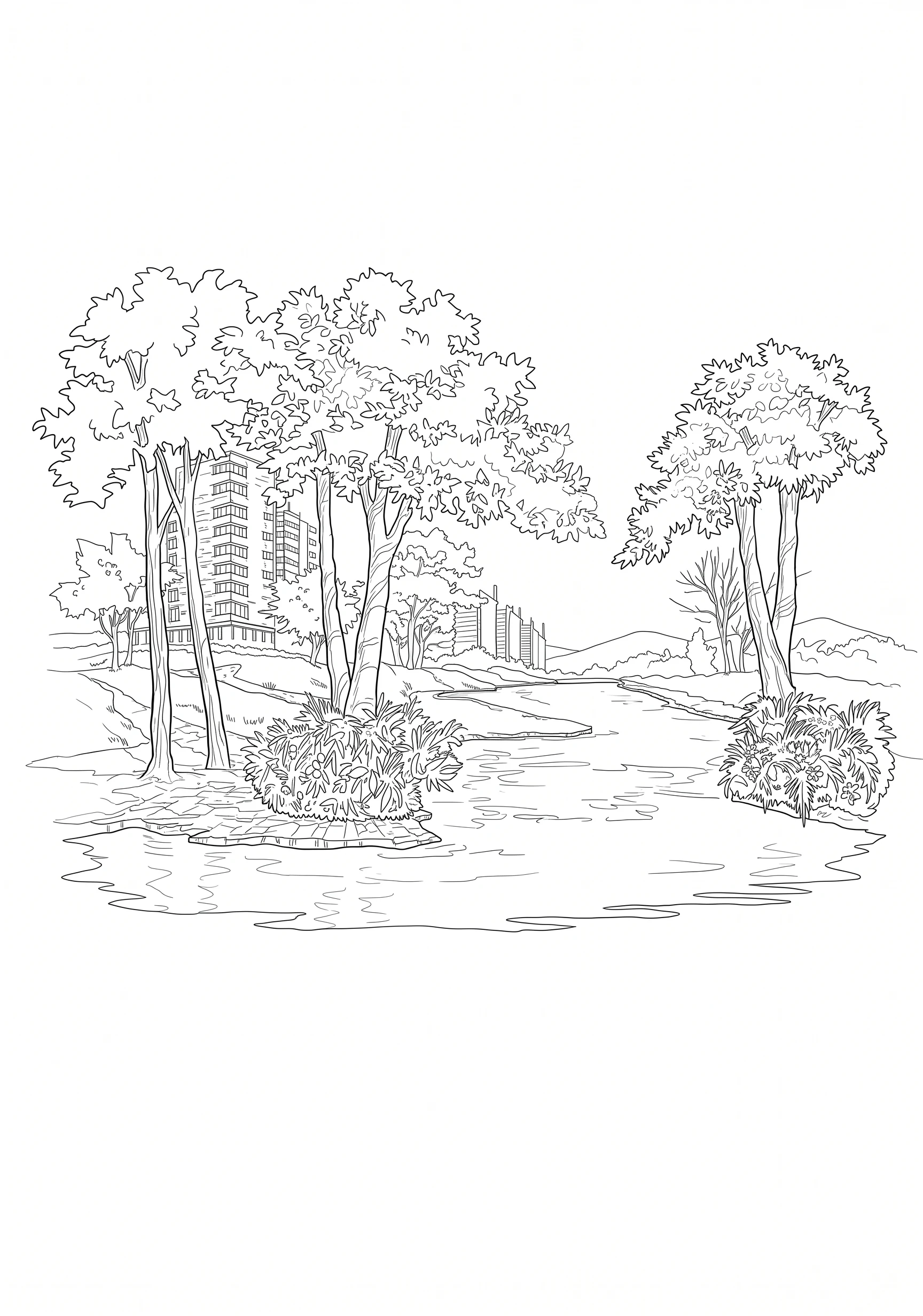 Urban Park printable architecture and landscape coloring page with line art and color reference