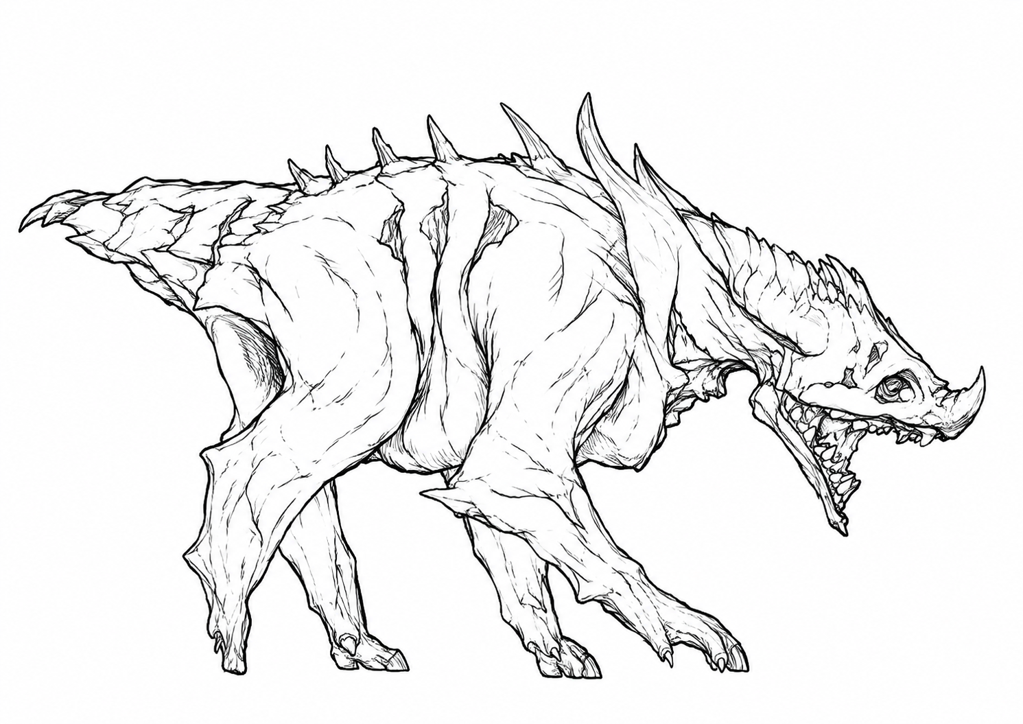 Spiky Skeletal Beast printable coloring page with line art and color reference