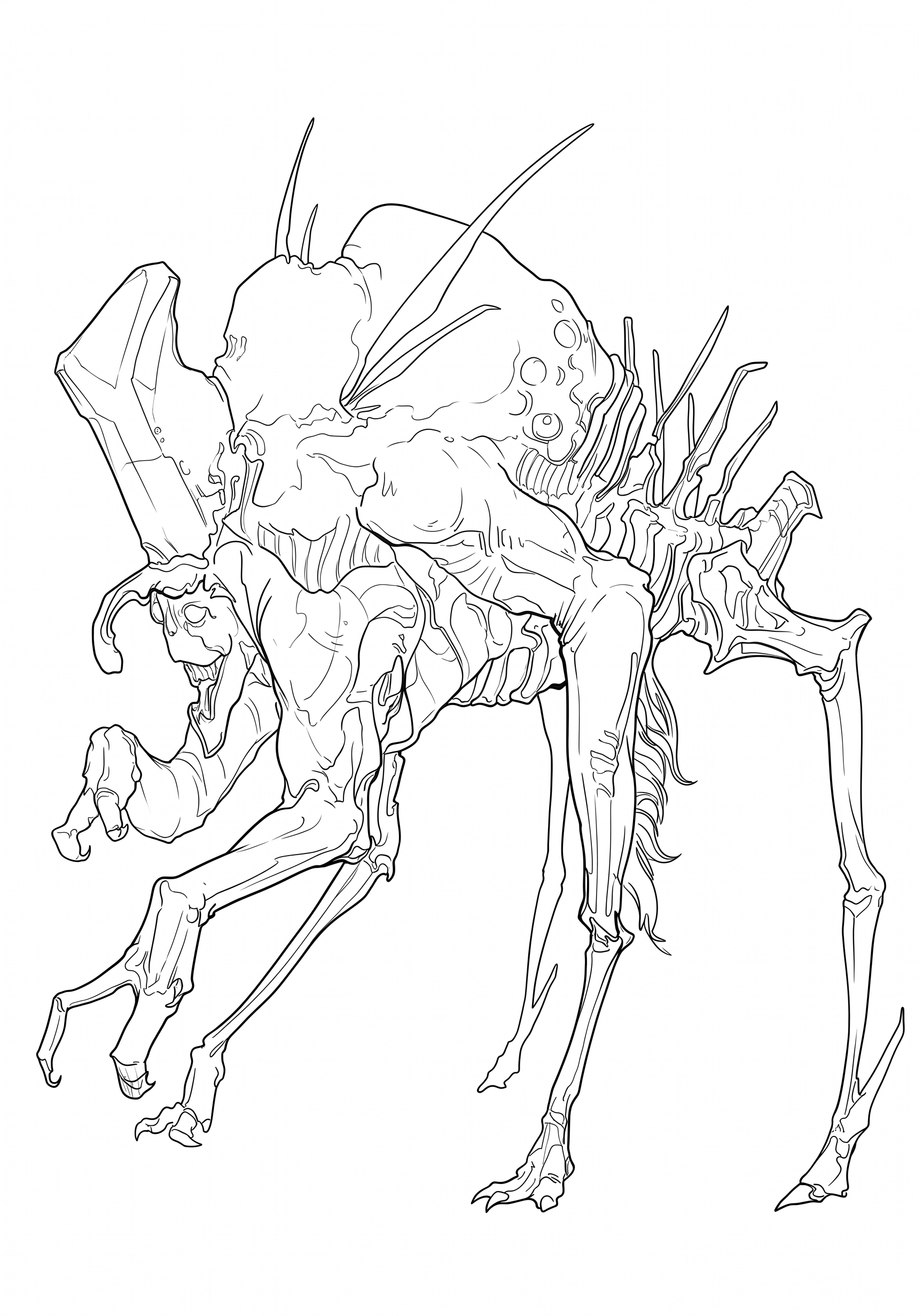 Skeletal Horned Beast printable coloring page with line art and color reference