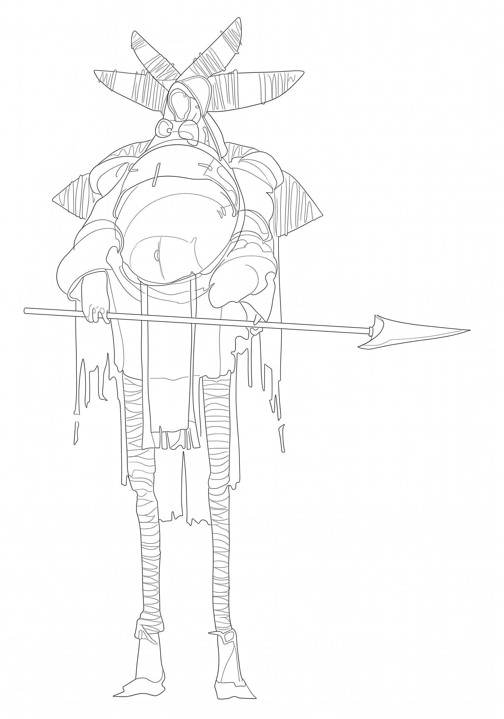Horned Spear Guardian printable coloring page with line art and color reference
