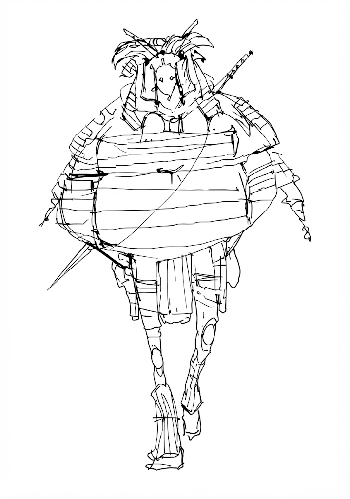 Armored Samurai Turtle printable coloring page with line art and color reference