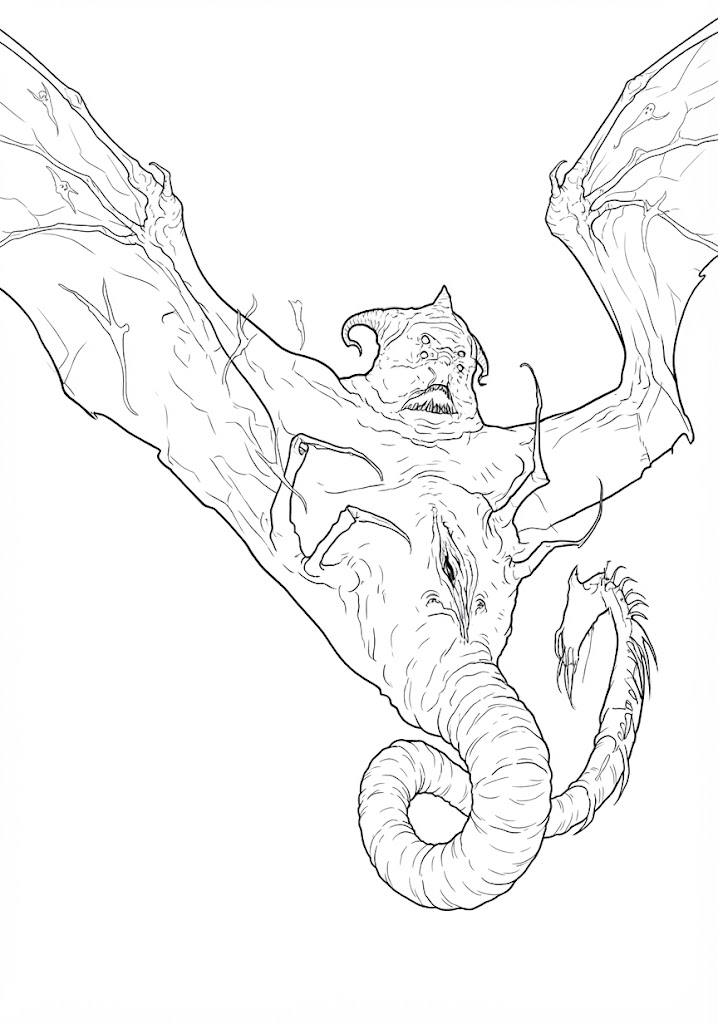 Bat-Winged Worm printable coloring page with line art and color reference