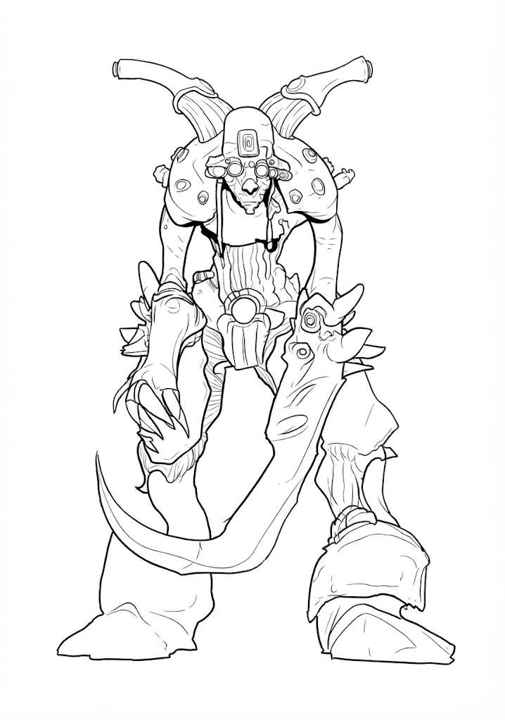 Armored Horned Monster printable coloring page with line art and color reference