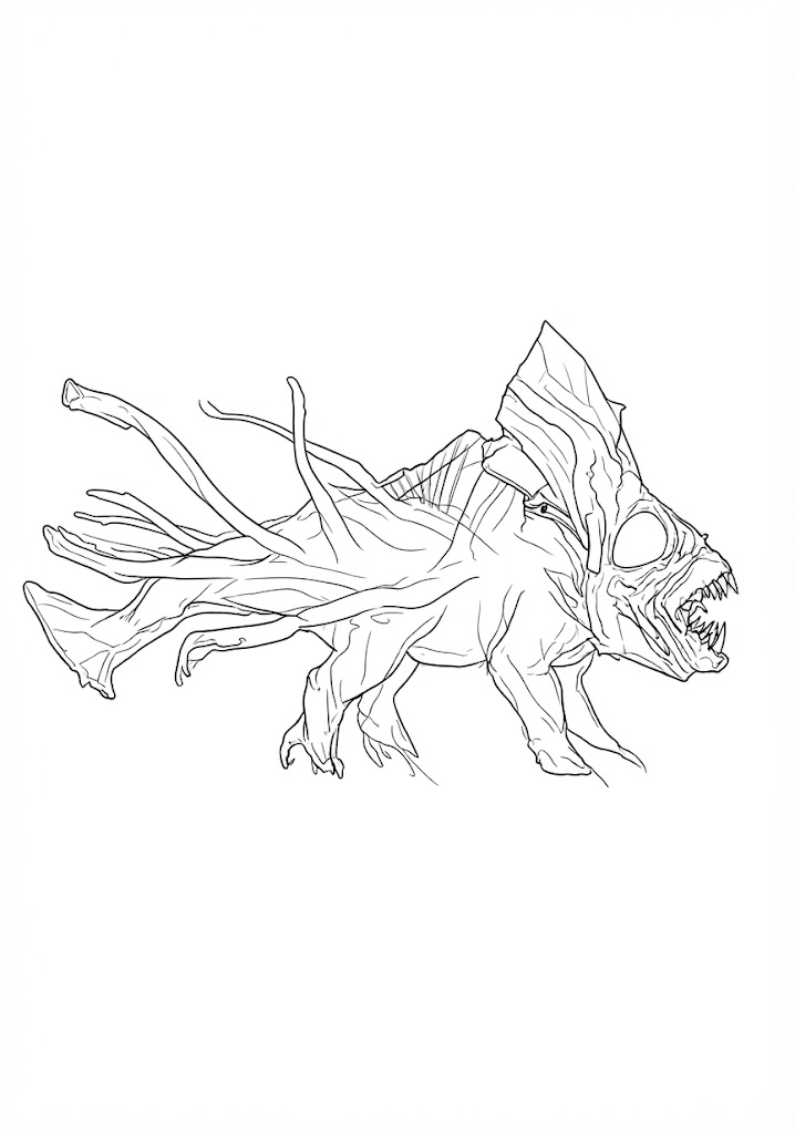 Fish-Tailed Alien Beast printable coloring page with line art and color reference