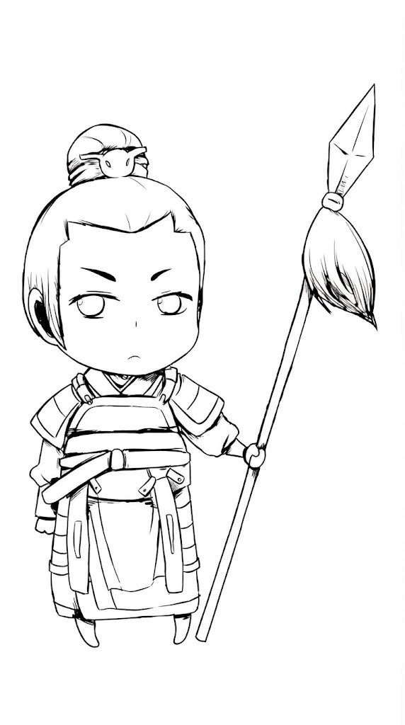 Ancient Chinese Spear Warrior printable coloring page with line art and color reference