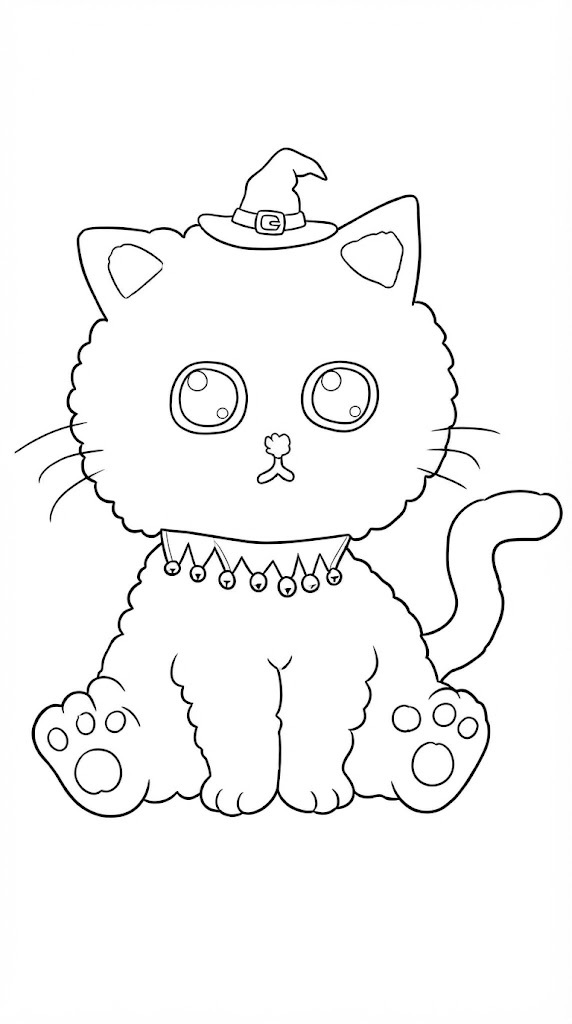 Witch Hat Black Cat printable coloring page with line art and color reference