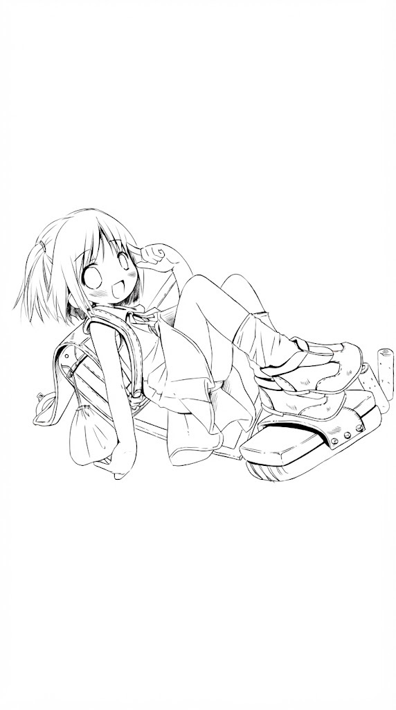Seated Anime Girl printable coloring page with line art and color reference