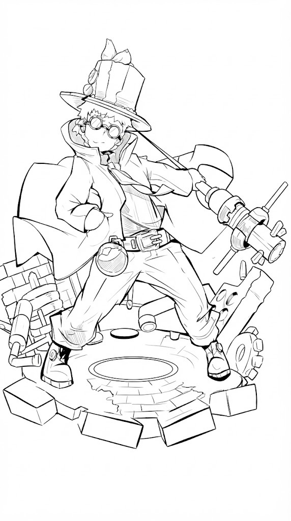 Steampunk Inventor printable coloring page with line art and color reference