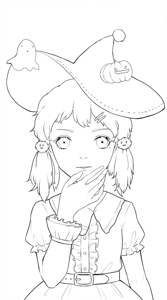 Little Witch with Ghost Hat printable coloring page with line art and color reference