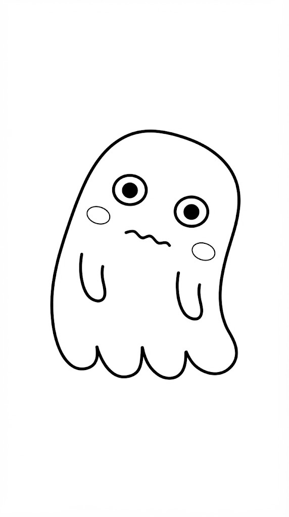 Round Cute Ghost printable coloring page with line art and color reference