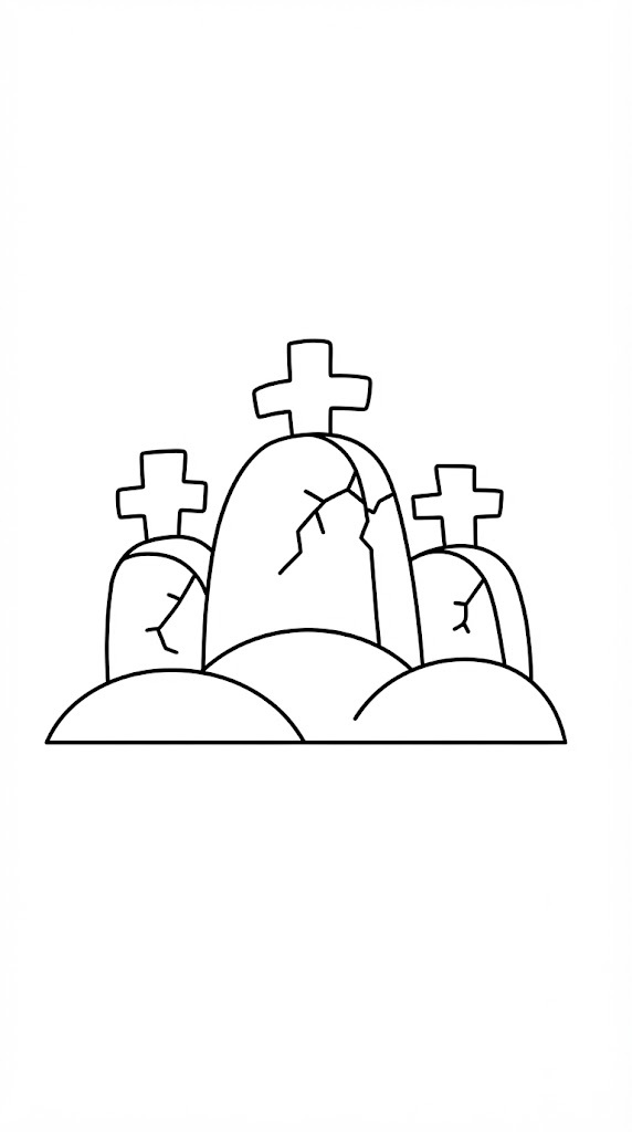 Graveyard printable coloring page with line art and color reference