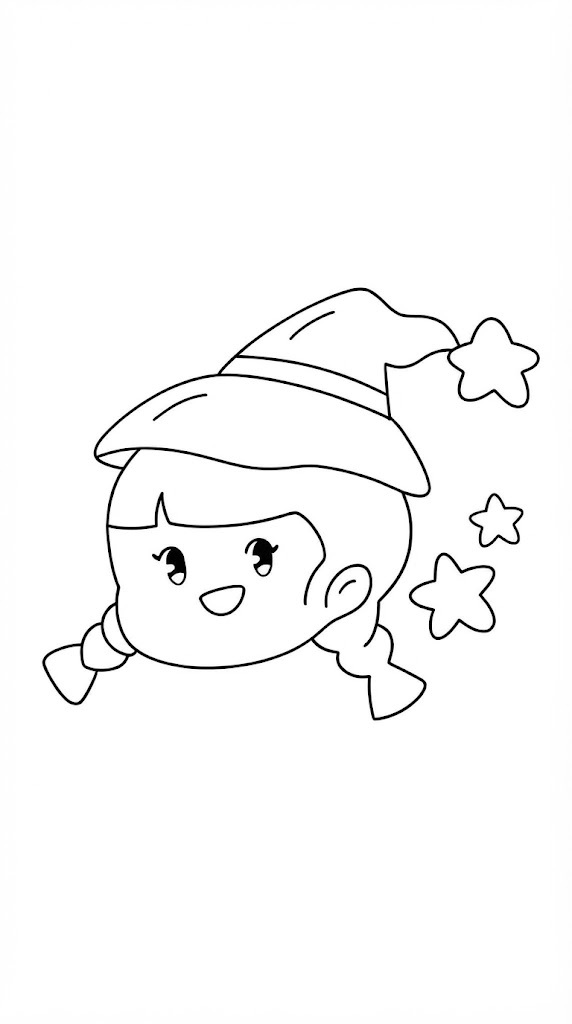 Little Witch Head printable coloring page with line art and color reference