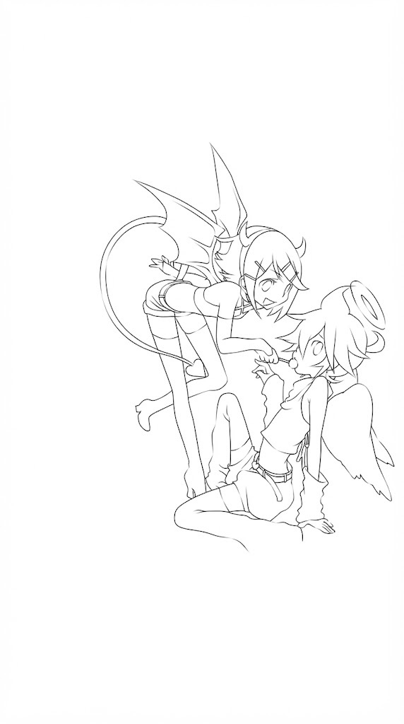 Demon and Angel Battle printable coloring page with line art and color reference