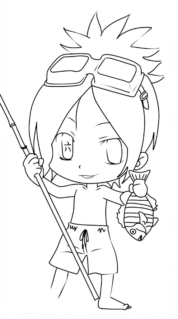 Chibi Beach Adventurer printable coloring page with line art and color reference