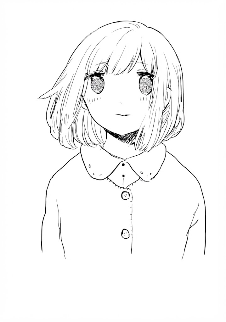 Swirled-Eyes Anime Girl printable coloring page with line art and color reference