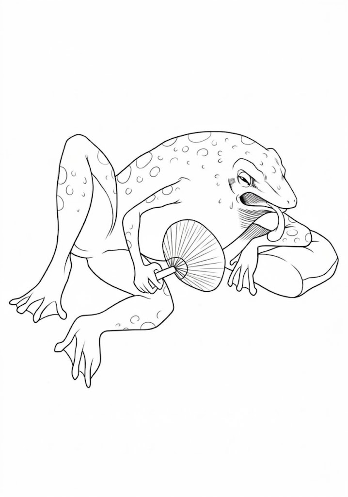 Frog with a Fan printable coloring page with line art and color reference