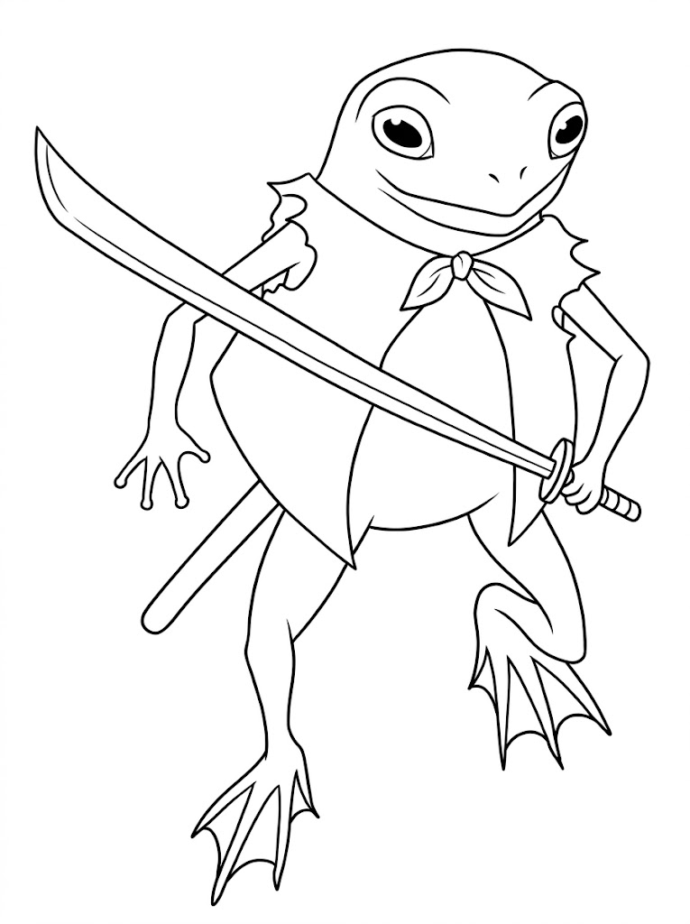Frog Sword Warrior printable coloring page with line art and color reference