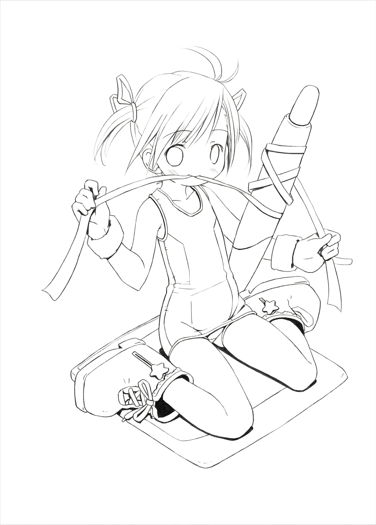 Anime Girl with a Giant Crayon printable coloring page with line art and color reference