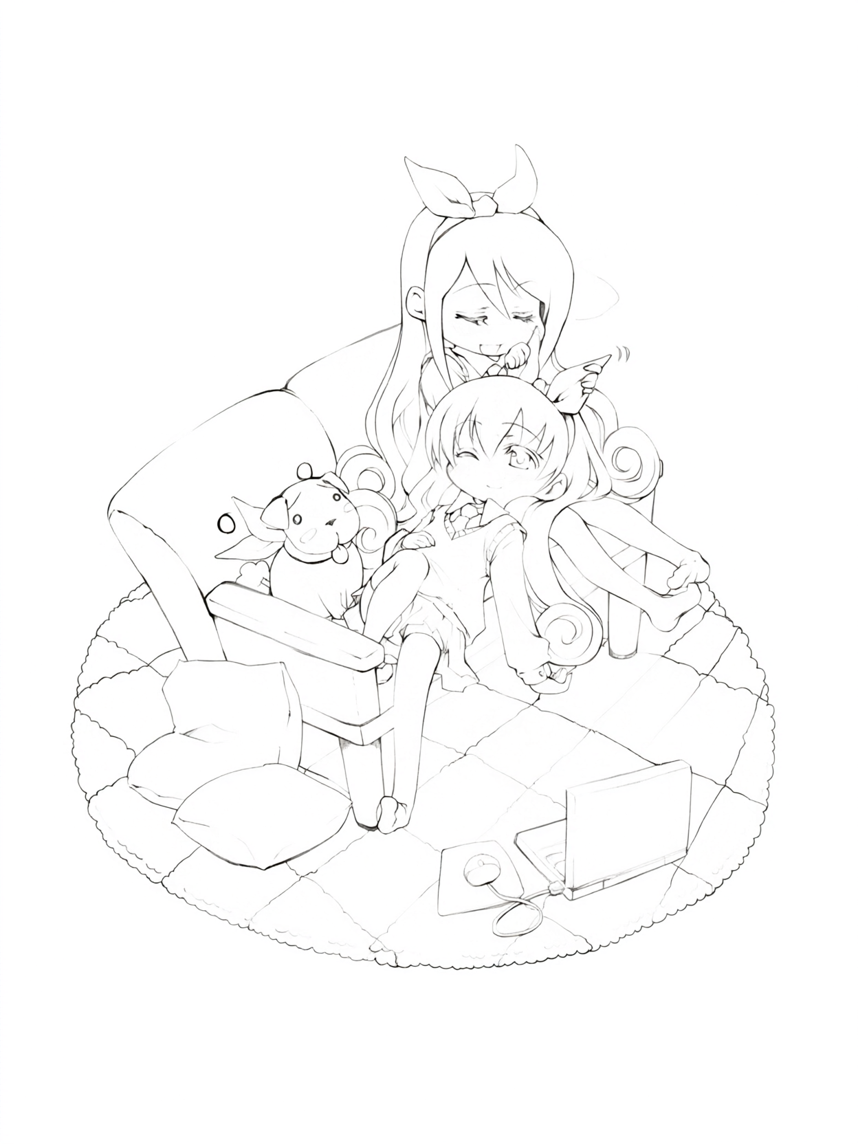 Anime Friends in a Living Room printable coloring page with line art and color reference