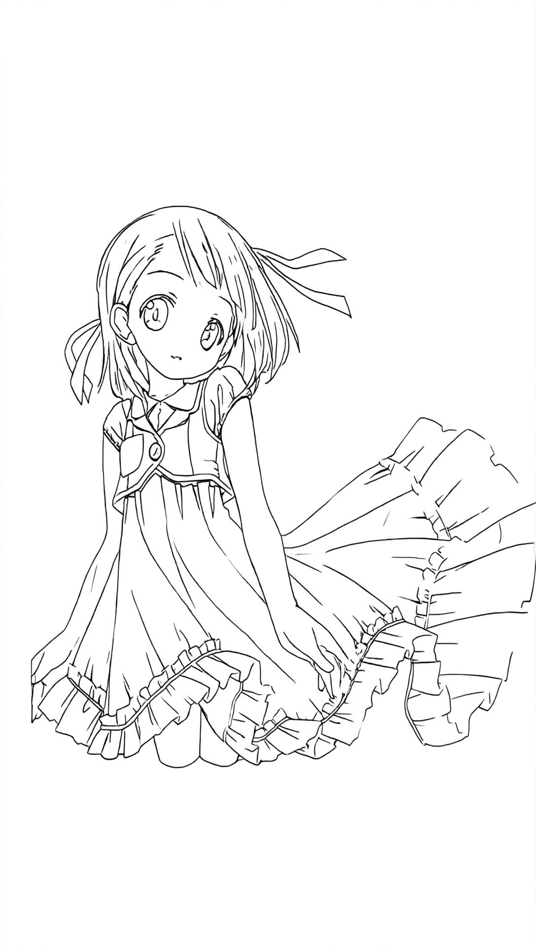 Anime Girl in a Formal Dress printable coloring page with line art and color reference