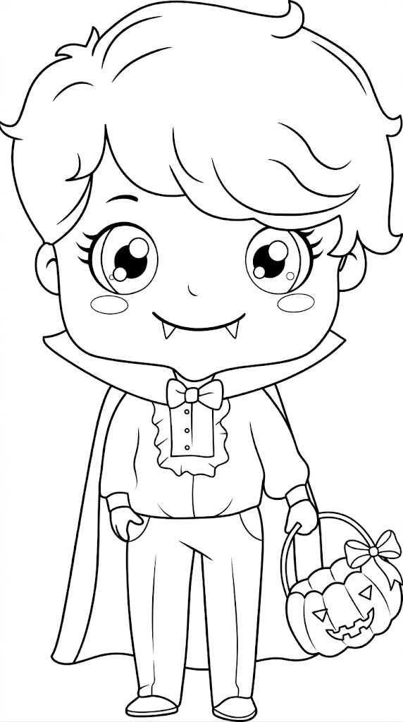 Vampire with a Pumpkin Treat Bag Halloween coloring page printable line art