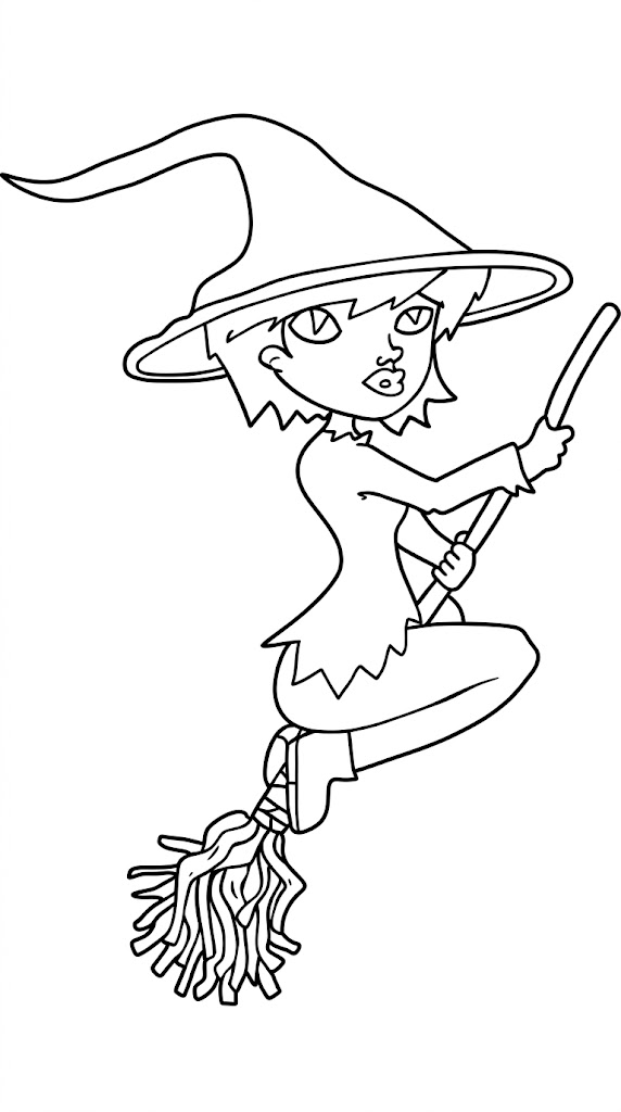 Witch on a Broom Halloween coloring page printable line art