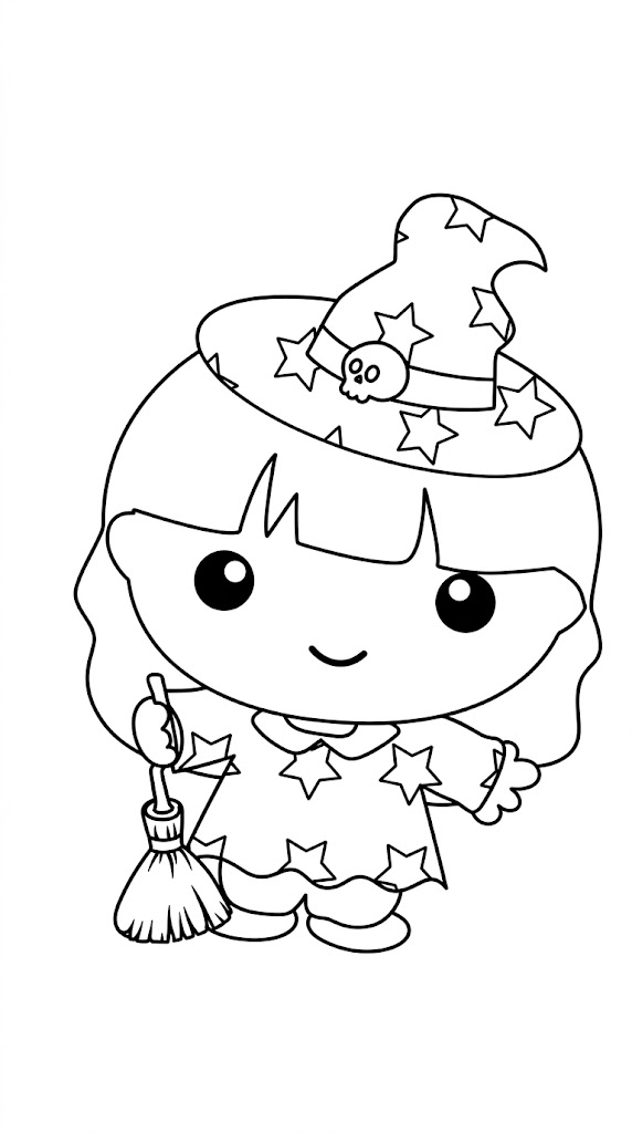 Little Witch Halloween coloring page printable line art
